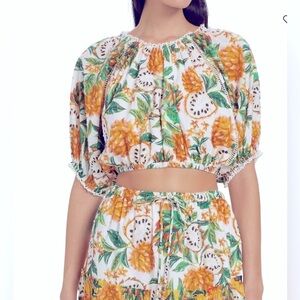 New Farm Río Biriba Tropical Crop Top Puff Sleeve Yellow Green Women size M
